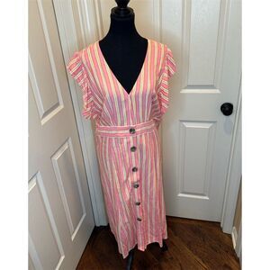 a.n.a Women's XL Striped Button-Up Midi Dress Flutter Sleeves Belted Waist